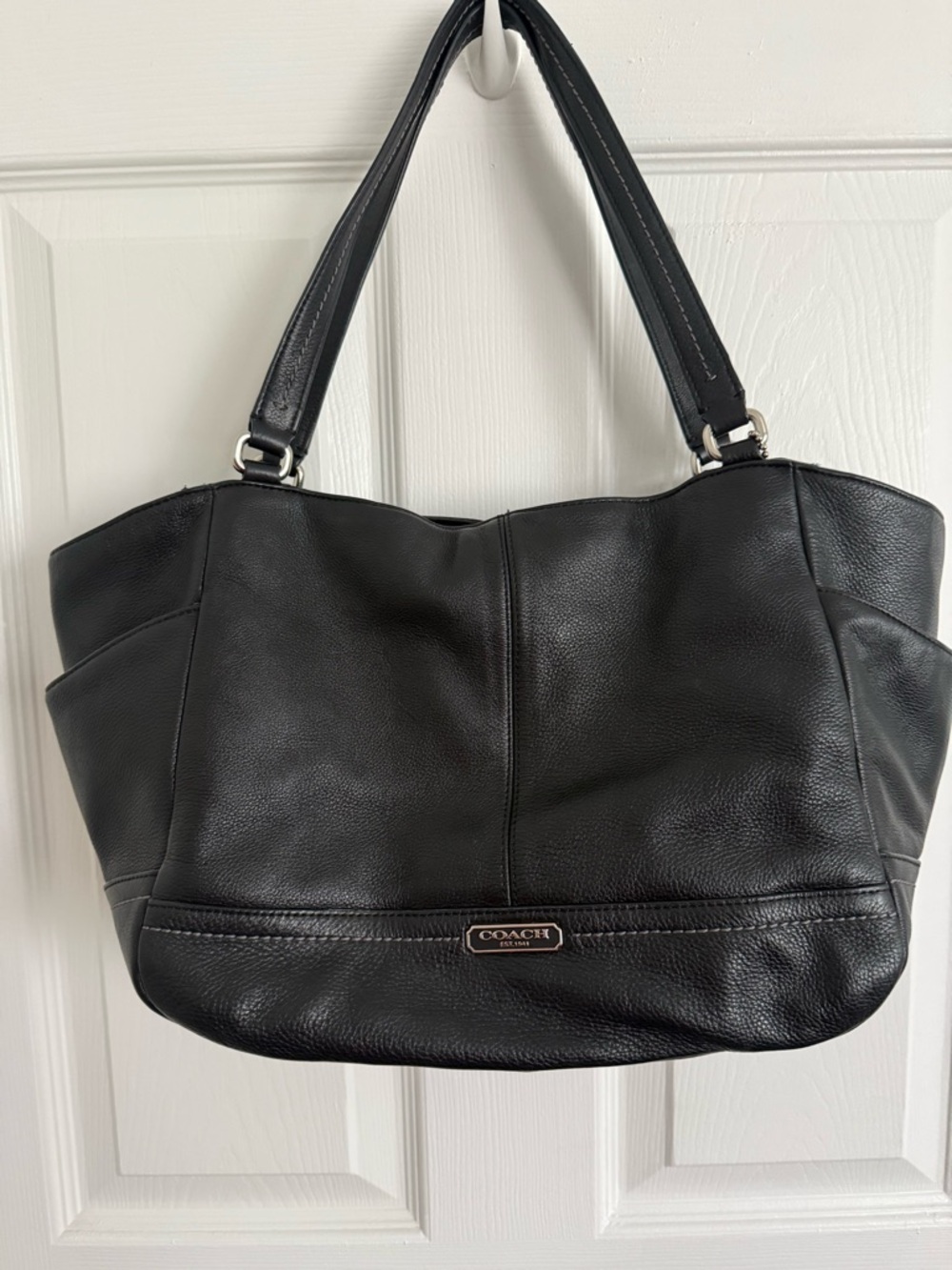 Coach Black Pebbled Leather Shoulder Tote with Logo Plaque